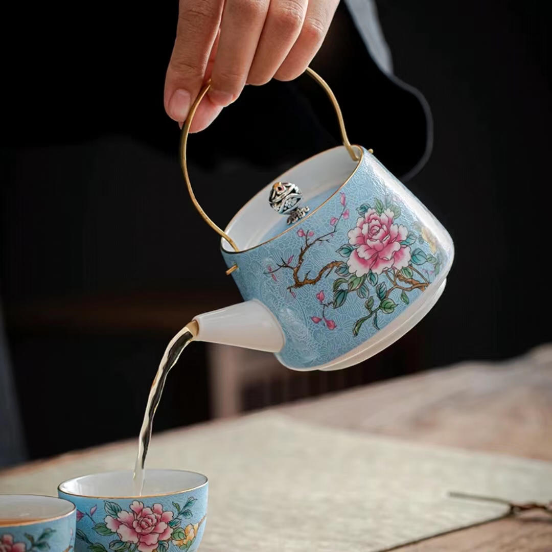 【汀和大福】藍色牡丹花茶壺茶具套裝提梁壺主人杯