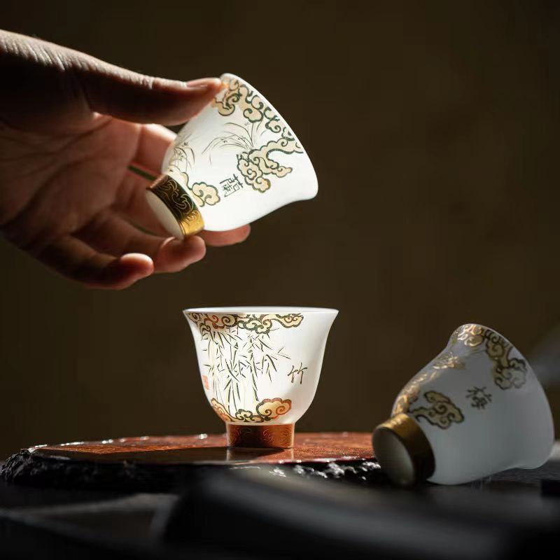【汀和大福】陳明智老師手工素燒梅蘭竹菊羊脂玉瓷鈴鐺杯 禮盒裝