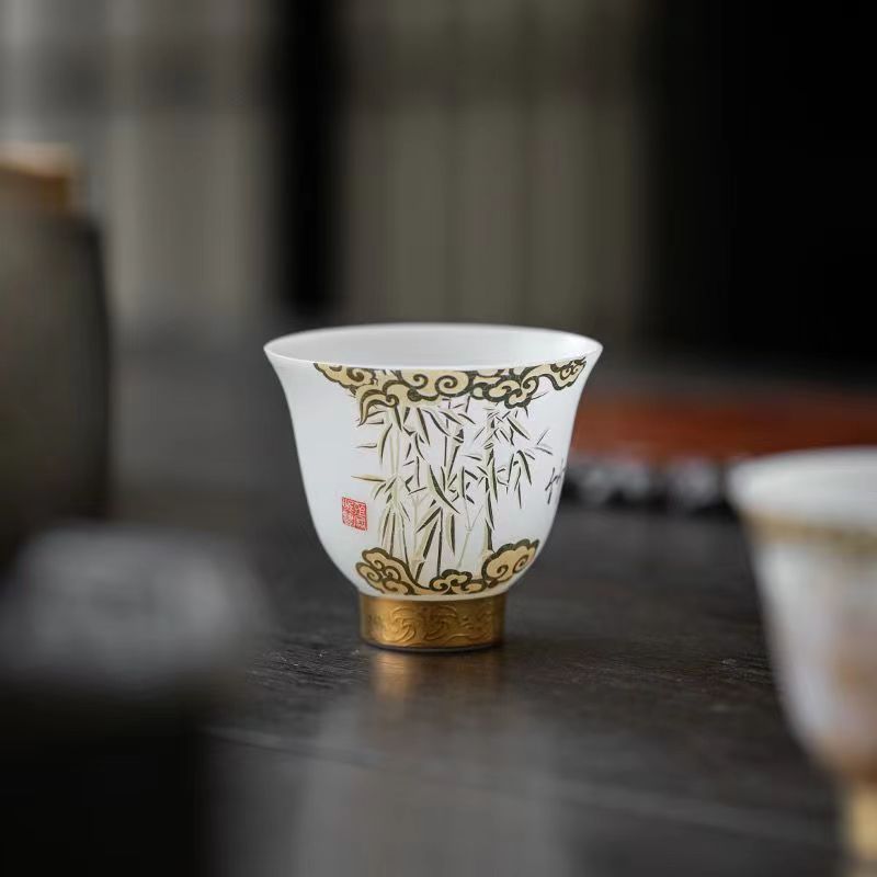 【汀和大福】陳明智老師手工素燒梅蘭竹菊羊脂玉瓷鈴鐺杯 禮盒裝